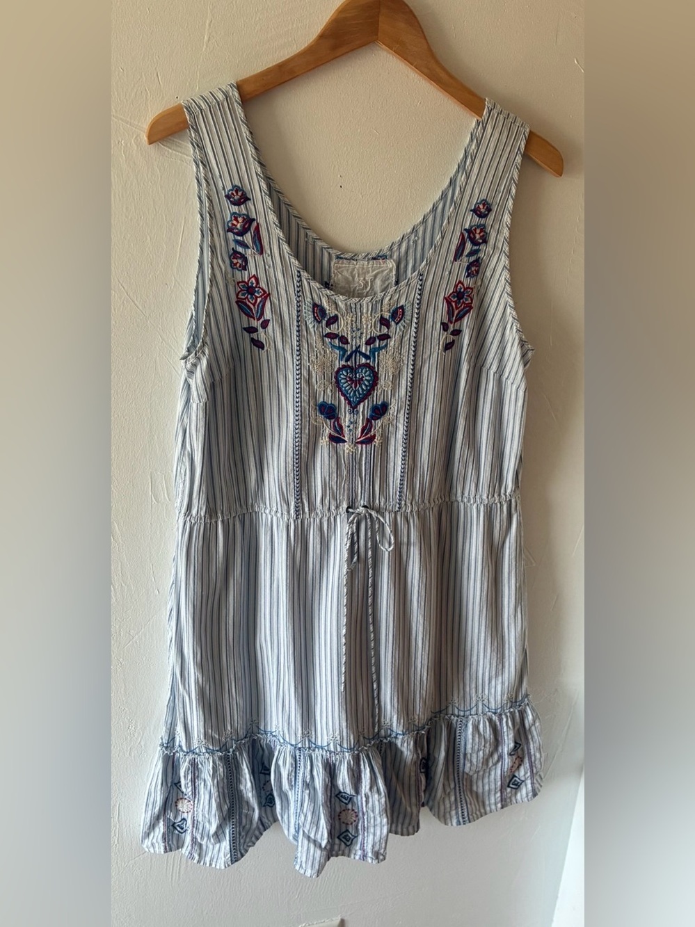 Johnny Was Light Blue Striped Embroidered Dress Coastal Boho Large